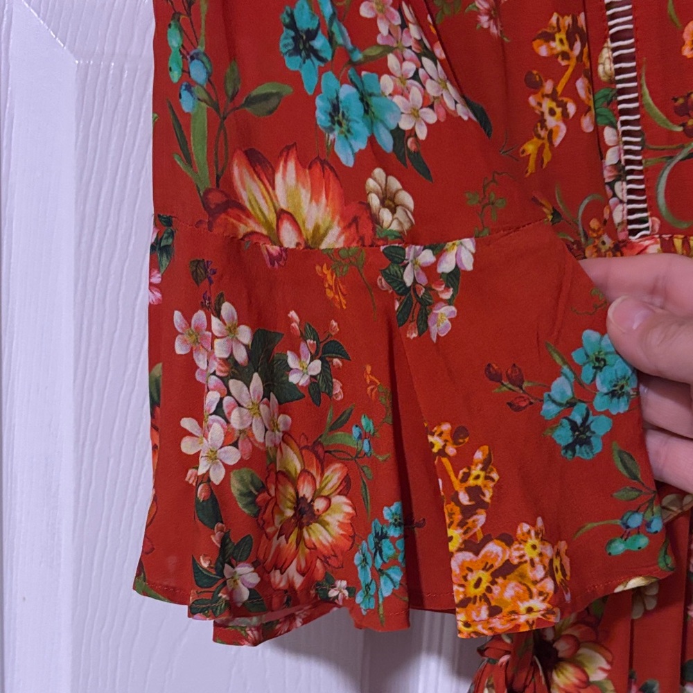FARM Rio…Sz Large…Burnt Orange Floral Midi Length Wrap Dress W Ruffles - Picture 7 of 11
